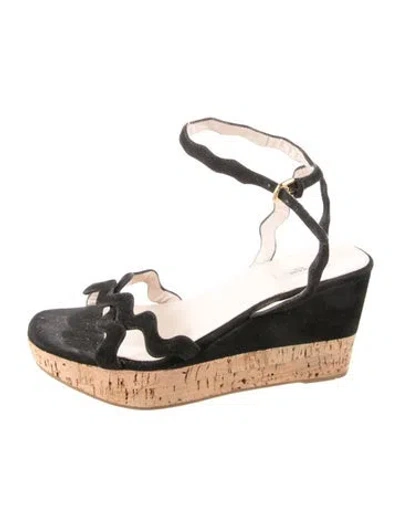 Pre-owned Prada Suede Scalloped Accent Sandals In Black