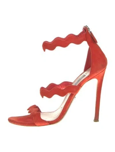 Pre-owned Prada Suede Scalloped Accent Sandals In Red
