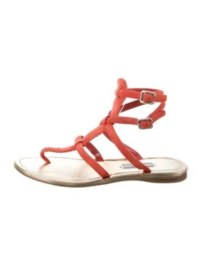 Pre-owned Prada Suede Scalloped Accent Sandals In Red