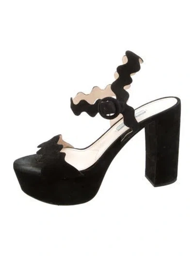 Pre-owned Prada Suede Scalloped Accent Slingback Sandals In Black