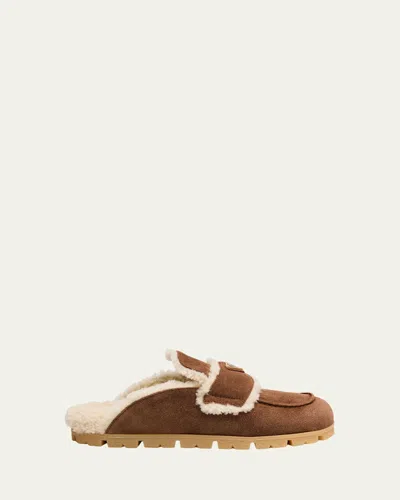 Prada Suede Shearling Cozy Loafer Mules In Brown