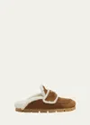 Prada Round Toe Suede Mules With Shearling Lining In Cannella