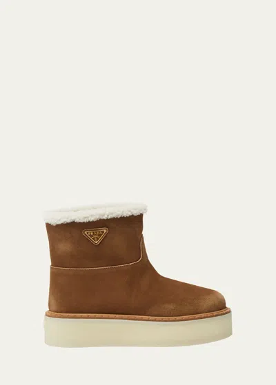 Prada Suede Shearling Cozy Platform Booties In 褐色