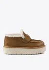 Prada Suede Shearling Flatform Loafers In Camel