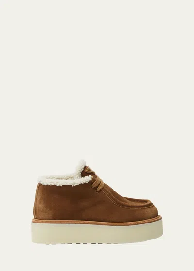 Prada Suede Shearling Lace-up Booties In Cannella