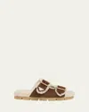 Prada Suede Shearling Lined Dual-buckle Slide Sandals In Brown