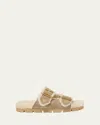 Prada Suede Shearling Lined Dual-buckle Slide Sandals In Green