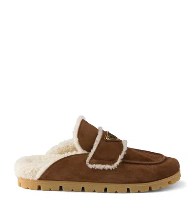 Prada Suede Shearling-lined Mules In Brown