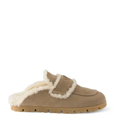 Prada Suede Shearling-lined Mules In Neutral