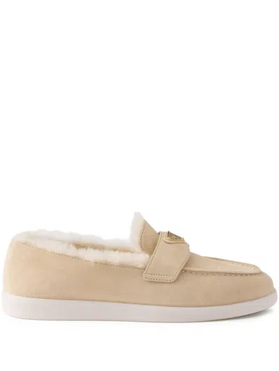 Prada Suede Shearling Loafers In Neutral