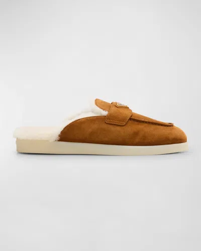 Prada Suede Shearling Mule Loafers In Cognac