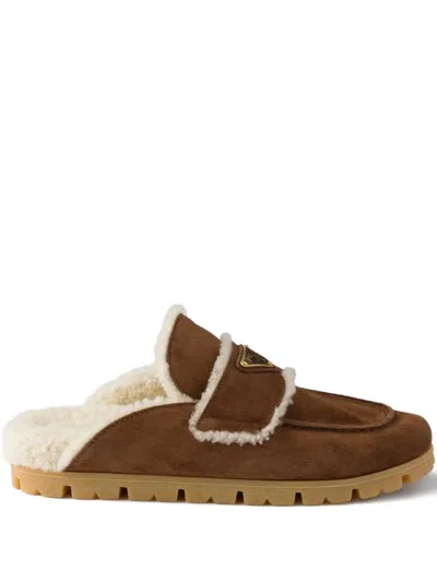 Prada Suede Shearling Mules In Brown