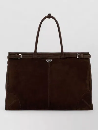 Prada Suede Shopping Bag Featuring Top Handles In Brown