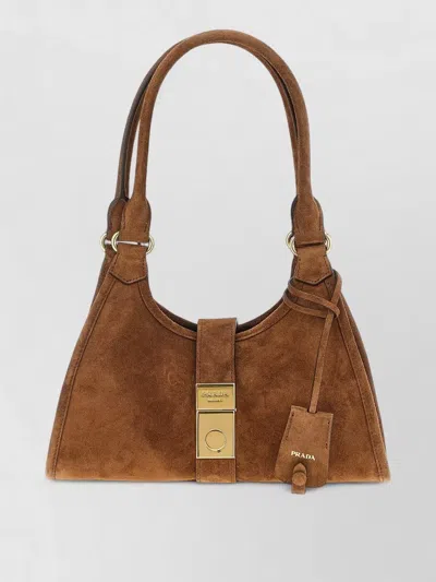Prada Suede Shoulder Bag Small Shopper Style In Brown
