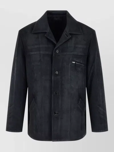 Prada Suede Single Breasted Jacket Shirt Collar In Black