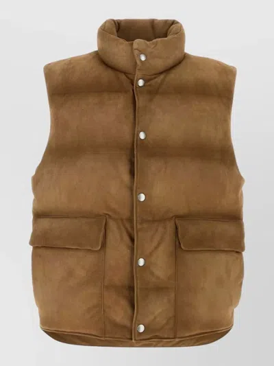 Prada Suede Sleeveless Down Jacket High Neck In Brown