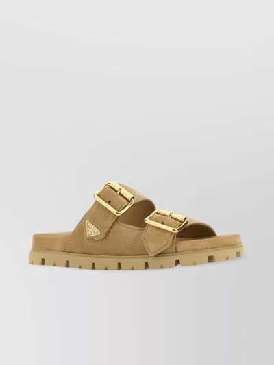 Prada Sand Suede Slippers In Animal Print