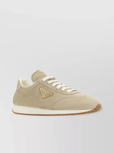 Prada Suede Sneakers With Contrast Sole And Round Toe In Neutral