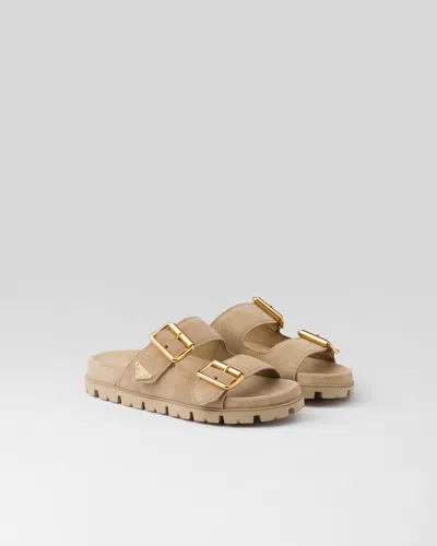 PRADA SUEDE STRAP SLIDES