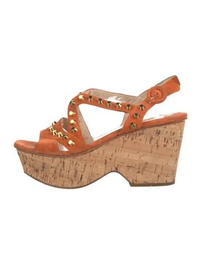 Pre-owned Prada Suede Studded Accents Slingback Sandals In Orange