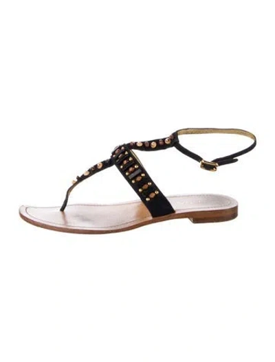 Pre-owned Prada Suede Studded Accents T-strap Sandals In Black