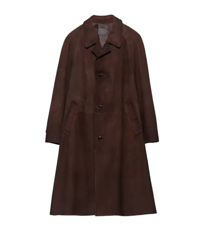 Prada Suede Trench Coat In Brown