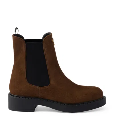 Prada Suede Triangle Chelsea Boots In Brown