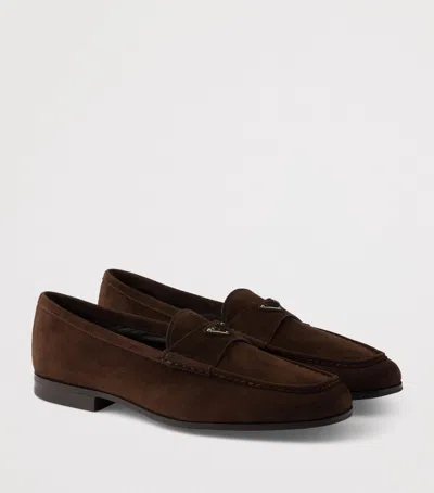 Prada Suede Triangle Loafers In Brown