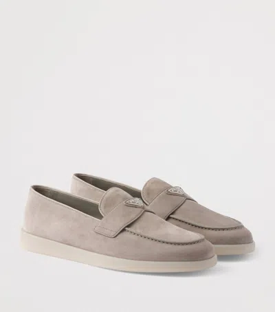Prada Suede Triangle Loafers In Gray