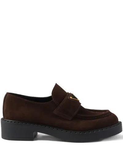 Prada Suede Triangle-logo Loafers In Brown