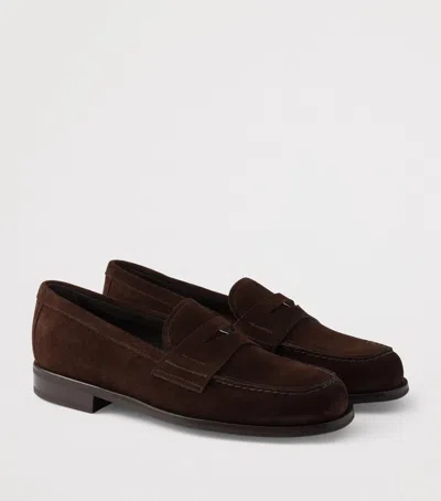 Prada Suede Triangle Penny Loafers In Brown