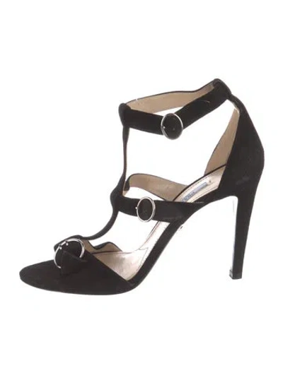 Pre-owned Prada Suede T-strap Sandals In Black