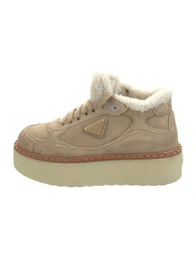 Pre-owned Prada Suede Wedge Sneakers In Neutral