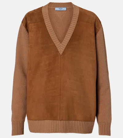 Prada Suede, Wool, And Cashmere Sweater In Brown