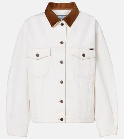 Prada Suede-trimmed Denim Jacket In Neutral