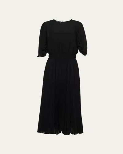 Prada Sunray Pleat Sable Belted Midi Dress In Nero