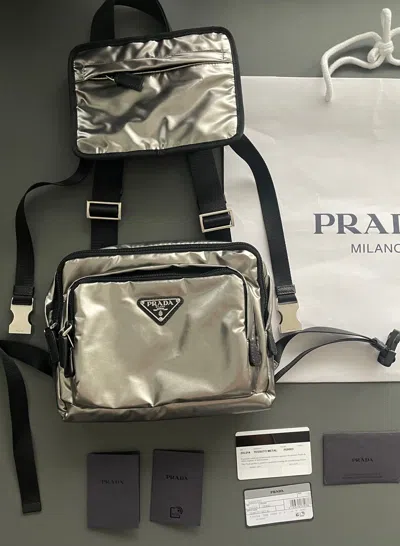 Pre-owned Prada Super Sold Out  Logo Silver Battle Bag In Metallic