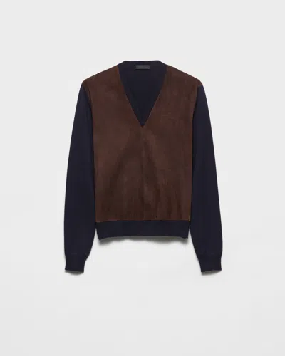 Prada Superfine Wool And Suede Sweater In Blue