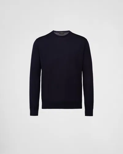 Prada Superfine Wool Crew-neck Sweater In Blue