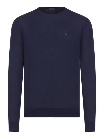 Prada Superfine Wool Crewneck Sweater In Blue