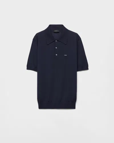 Prada Short-sleeved Knitted Polo Shirt In Blue