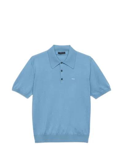 Prada Mens Blue Superfine Logo-embroidered Wool Polo Shirt