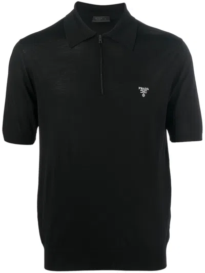 Prada Superfine Wool Polo Shirt In Black
