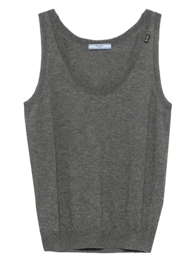Prada Fine Cashmere Sleeveless Knit Scoop Neck In Gray