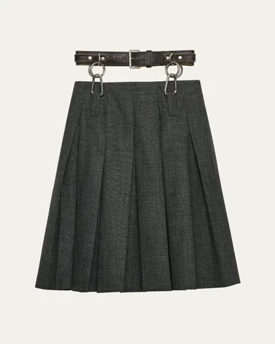 Prada Suspended Leather Belt Pleated Wool Skirt In Orange