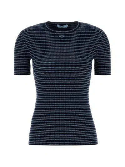 Prada Embroidered Stretch Cotton Blend Striped T-shirt In Blue