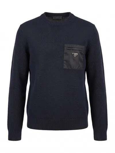 Prada Wool Sweater With Re-nylon Pocket In Blue