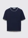 Prada Wool And Cashmere Crewneck Sweater With Jewel Details Clothing In Blue