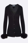 Prada Ribbed Feather-cuff Silk Cardigan In Black