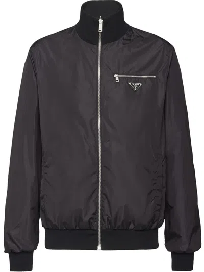 Prada High Collar Zip-up Black Bomber Jacket With Zippered Chest Pocket